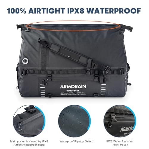 ARMORAIN Waterproof Travel Bag 120-140 L, Motorcycle Bag, Waterproof Motorcycle Tail Bag, Expedition Bag with Carry Strap, Roof Bag, Car for Motorcycle, Car, Camping, Boating, Kayaking — view 3
