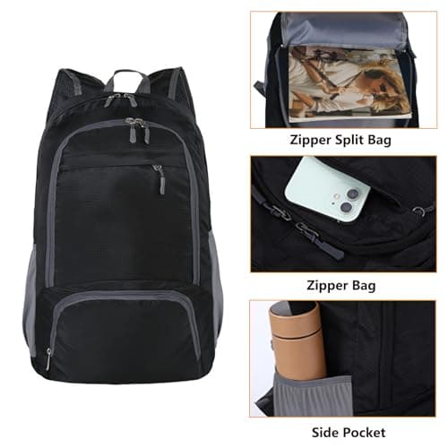 GUZHAIREN 30L Foldable Backpack, Waterproof Rucksack for Men Women, Black — view 4