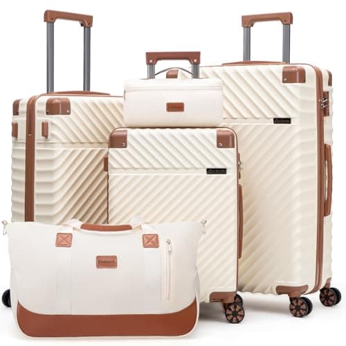 Cosbarn Luggage Sets 5 Piece with TSA Lock Spinner Wheels, Unisex Hard Case ABS Suitcase Set, Hardshell Lightweight Waterproof Travel Hardside Suitcases with Wheels for Women Men, Beige, 5 Piece Sets
