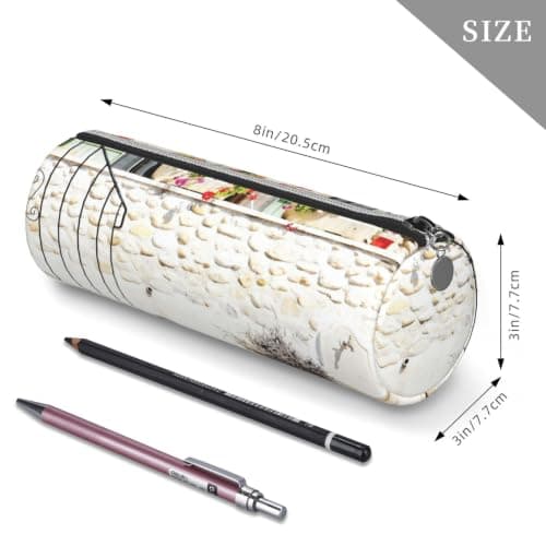 kkvhhyuo Leather Pencil PU Leather Cosmetic Makeup Bag, Stone House with Bike Printed Pen Bags with Silver Zipper Storage Box for School College Office Travel — view 5