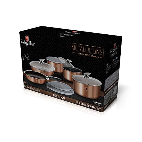 12 Pcs Colorful Space Saving Cookware Frying Pan Sauce Pan Casserole Pot Set Induction Lid Handles (Rose Gold) — view 5