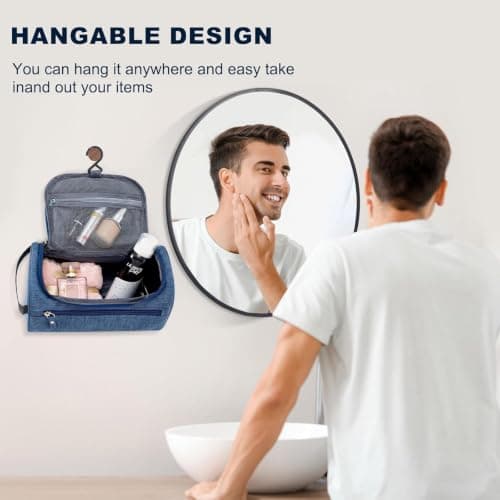 PNEUICALLY Hanging Toiletry Bag for Women and Men Traveling Makeup Large Capacity Cosmetics Portable Dopp Kit Storage Organizer Bag with Hanging Hook for Toiletries Brushes Shaving Tools, Frosted Navy — view 5