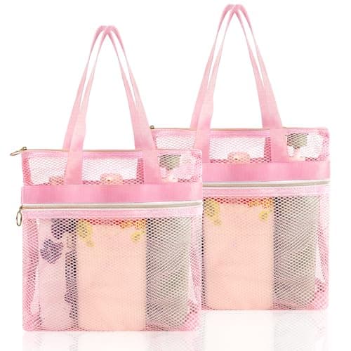 OSDUE Mesh Shower Caddy Bag, 2PCS Portable Toiletry Tote Hanging Wash Bag with Zipper, Quick Dry Shower Tote Bag for College Dorms, Gym, Swimming, Beach, Camping, Travel(Pink)