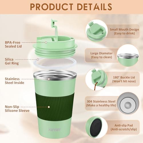 KETIEE Travel Mugs, 380ml Insulated Coffee Cup with Leakproof Lid,Reusable Coffee Cups Travel Cup,Coffee Travel Mug,Double Walled Coffee Mug,Stainless Steel thermaol Mug for Hot Cold Drinks,Green — view 2