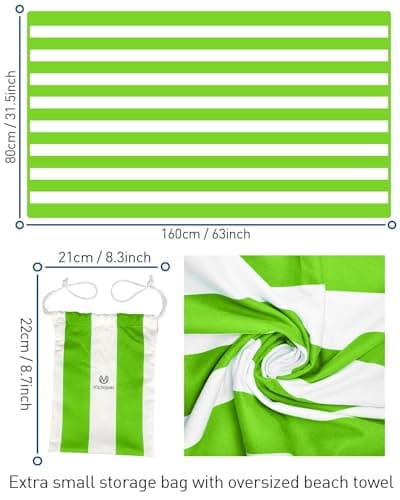 Victoper Microfiber Beach Towel d Rapid Drying Sand Free Soft Compact Lightweight Qualities Beach Towels for Adults Ideal for Swimming Beach Yoga Camping Gym Carry Bag Mint Green Stripes 63x32 Inch — view 2