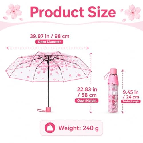VIPOPICO Clear Umbrella for Women – Manual Open/Close Foldable Compact Travel Umbrella with Frosted Handle | Transparent See-Through Dome | Ideal for Weddings, Bridal Events & Daily Use(1, Pink) — view 3