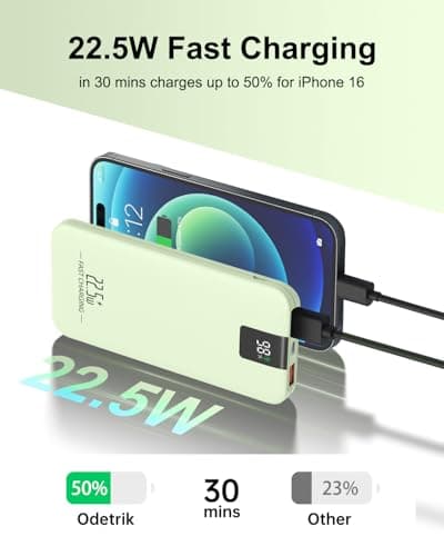 Odetrik Portable Charger 10000mAh 22.5W Power Bank, Fast Charging External Battery Pack with 3 Outputs & 2 Input, Type-C In/Out, LCD Display Slim Portable Phone Charger for Smartphone, Tablets (Green) — view 2