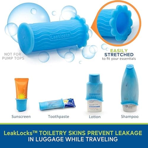 LeakLocks® Toiletry Skins™ Elastic Sleeve for Leak Proofing Travel Container in Luggage. for Standard and Travel Sized Toiletries. Reusable Accessory for Travel Bag Suitcase and Carry-on Luggage, — view 2