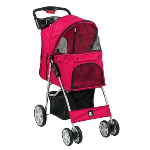KCT Hooded Foldable Pet Dog Cat Stroller Red- 4 Wheel Travel Carriage with Safety Leash, Canopy, Cup Holder, Storage Tray