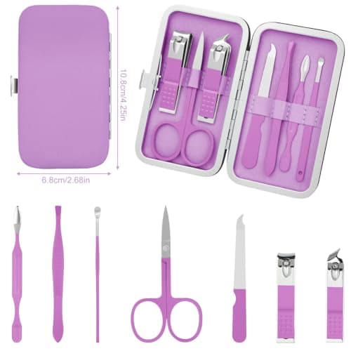 ALIIP Manicure Set 7-Piece Professional Nail Clipper Set with Leather Case, Portable Travel Nail Care Kit for Women, Stainless Steel Nail Grooming Kit for Home & Gifts,Purple — view 2