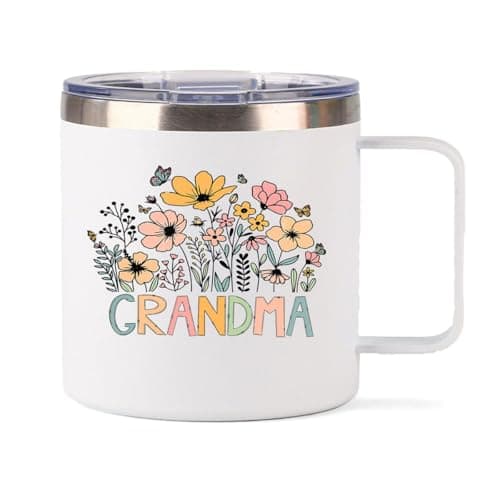 Xinvast Grandma Insulated Mug with Handle, Stainless Steel Double Wall Vacuum Metal Coffee Tumbler Cup for Nana Grandmother 14 oz