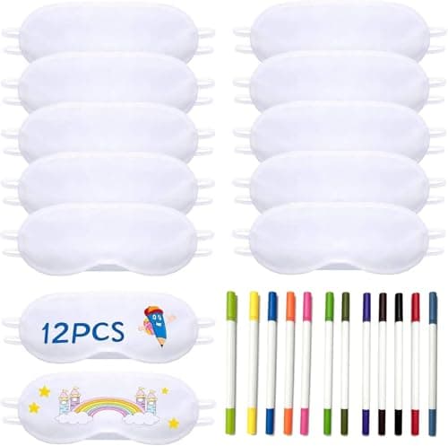 NganSuRong White Eye Mask Party Supplies for Girls, DIY Sleep Mask Draw Your Own Blindfold with 12 PCS Fabric Marker Pens, Eye Covering for Travel Party Supply (12PCS White)