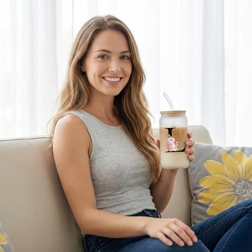 JEKUGOT A-Z Initial Personalised Birthday Gifts for Women, 16oz Iced Coffee Glass Cups with Lids and Straws, Glass Coffee Cup Gift Set for Mothers, Friends, Women, Men, Iced Coffees Cup Gift (L) — view 4