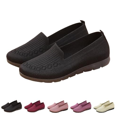 UK 8.5 Women's Knitted Flat Shoes Extra Wide Eee Fit Lightweight Comfortable Loafers Women Footwear Slip on Casual Breathable Mesh Walking Shoes Low-Top Round Toe Trainers A0_Black Clearance