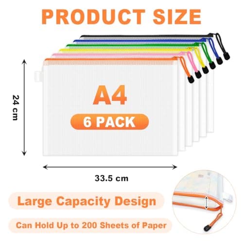 FOSHISY 6 Pack A4 Plastic Zip Wallets, Plastic Zip File Folders, 6 Colors — view 2