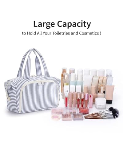 Narwey Large Toiletry Bag, Travel Toiletries Bags for Women, Wash Bag Women, Wide Open Makeup Bag with Brush Compartments, Make Up Organizer with Wet Pockets for Essentials (Grayish Blue Stripe) — view 5