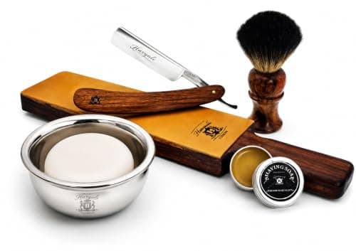 Haryali London, 6Pcs Wooden Straight Razor Shaving Kit for Men – Complete Wet Shaving Set with Leather Strop, Shaving Brush, Shaving Soap, Shaving Bowl & Honing Paste – Mens Grooming Gift Set — view 3