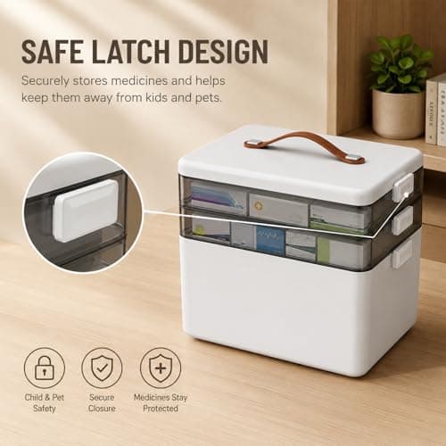Refein Large Medicine Storage Box 3 Tier with Lock - First Aid Box Organiser for Home Car Travel, Portable Medication Storage Container with Handle & Secure Lid — view 5