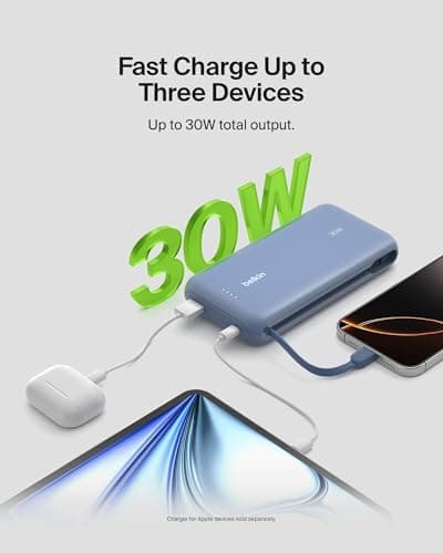 Belkin BoostCharge 20000mAh Power Bank with Integrated USB-C Cable - Blue — view 3