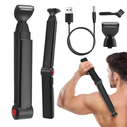 Back Razor for Men, Foldable Men's Body Razor with 2 Removable Shaving Heads & Ergonomic Arm Extension, Foldable Back Razor for Back, Face, Chest & Shoulder Care