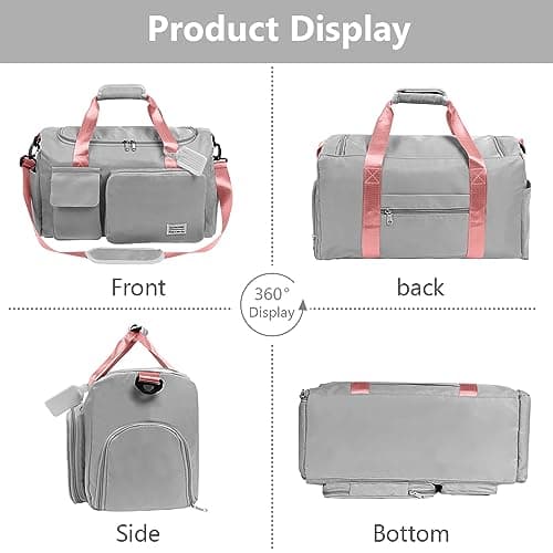 flintronic Travel Duffel Bag, Foldable Gym Bag- Overnight Weekend Bags for Women Men, with Wet and Dry Separation, Large Capacity Holdall Bag for Sports and Travel - Grey & Pink — view 6