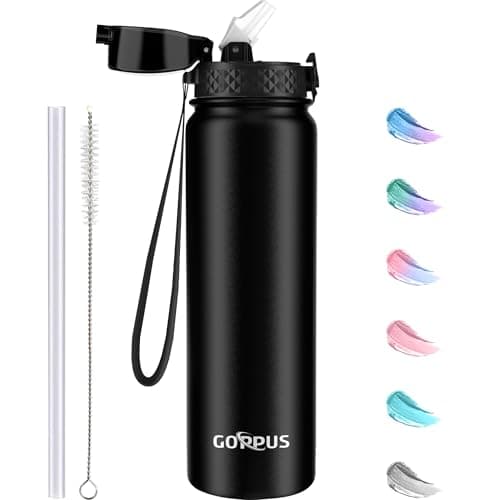 GOPPUS 1L/32oz Stainless Water Bottle with Straw Double Wall Insulated Bottles with Strap Reusable Vacuum Thermal Flask Leakproof Keep Cold Drinks Bottles with Flip Top Lid BPA Free (Black)