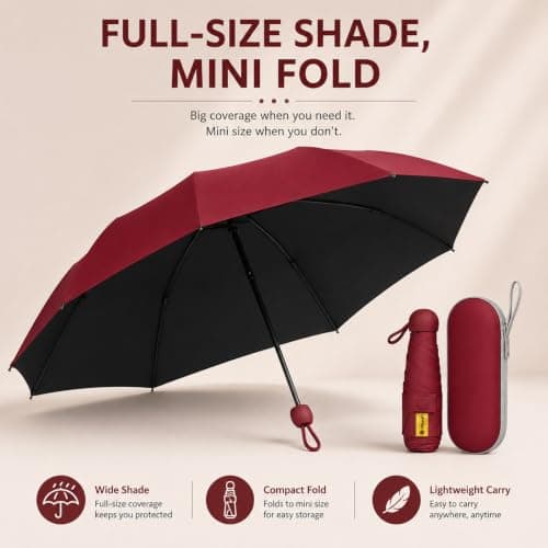 WHJYCC Compact Folding Umbrella - Burgundy Travel Umbrella with Case — view 6