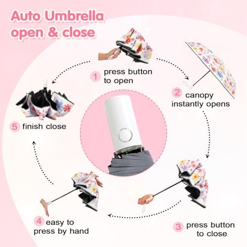 Decalsweet Kids Travel Folding Umbrella,Strong Windproof Automatic Compact Umbrella with Reflective Strips,UV Protection Sun Umbrella for Girls-Flowers — view 6