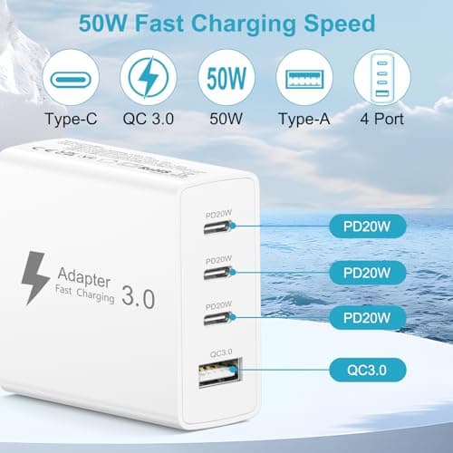 EU Travel Adapter Charger, 50W European Plug Adapter Fast Charging with 3 USB C+1 USB A, European Wall Adaptor EU Plug Fast Charger Compatible with iPhone 17 16 15 14 13 11 Pro Max,Samsung Galaxy — view 3