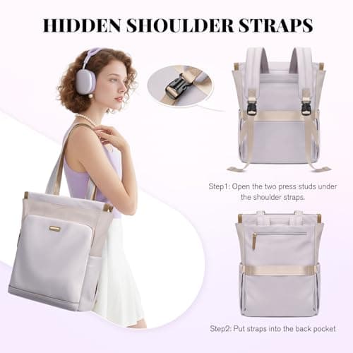 GOLF SUPAGS Convertible Computers Backpack for Women Casual Daypack Notebook Tote Bag for Work College Travel Leisure (Taro Purple & White) — view 6