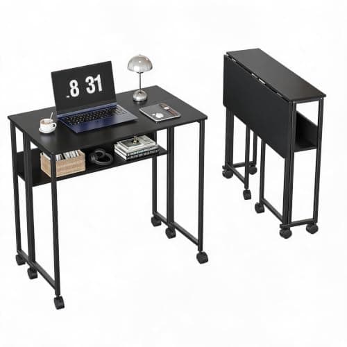 Djioyer Folding Desk with Storage Shelf, Space Saving Computer Desk, Foldable Writing Table on Wheels, Writing Study Desk, Easy Assembly, for Home Office Small Space Black