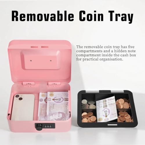 Cash Box with Combination Lock, Money Tin Box with Coin Tray, Lockable Cash Tin for Money Saving 20 * 16 * 9cm (Pink) — view 5