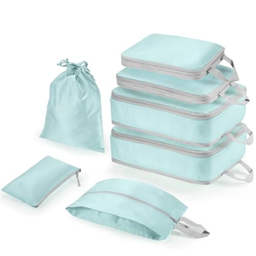 Compression Packing Cubes 7-Piece Set with Multi- Compartment Travel Bag, Waterproof Suitcase Organiser Bags,Travel Packing Cubes for Suitcases, Packing & Storage for Luggage (Lake Blue)