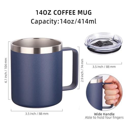 Volhoply 14oz Insulated Stainless Steel Coffee Mug with Lid Bulk 2 Pack,Double Wall Vacuum Travel Coffee Cup with Handle,Reusable Metal Tumbler,Camping Mugs Keep Hot,Christmas Gifts(Navy,2) — view 2