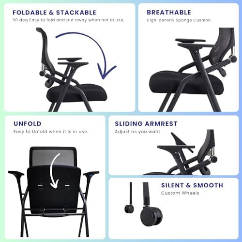 BROBRIYO 10 Pack Stackable & Foldable Conference Room Chairs with Lumbar Support, Armrest - Ergonomic Mesh Bouncing Back for Office Meeting, Conference, Reception and Training Room Chair — view 3