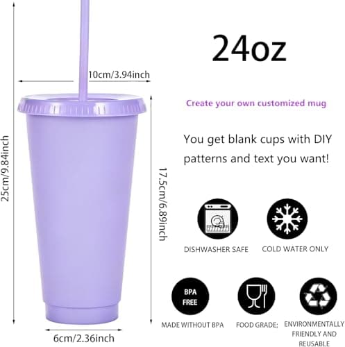 Yisituo 710ml Reusable Plastic Cups, 10 Pack Cold Cups with Lid and Straw, Tumblers Travel Mugs for Adults and Madam Party and Beach, Pool Gatherings (10, Light Purple) — view 2