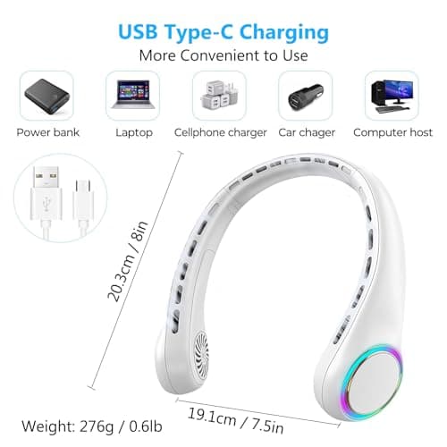 ThreeH Quiet Neck Fan USB Charged Bladeless Personal Fan with Soothing Color Lights Portable Quiet for Home Office Outdoor Activities Purple — view 5