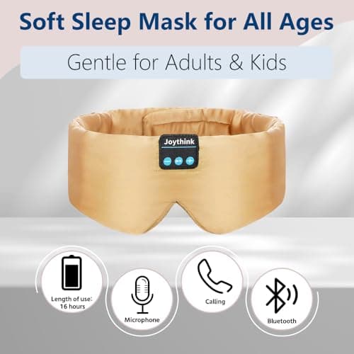 Joythink Sleep Headphones Bluetooth Sleep Mask Silk Headband Earphones Bluetooth Eye Mask for Sleeping On Side Blackout Soft Sleep Earphones Music Kids Children Eye Cover Champagne Gold — view 3