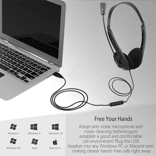 OrcoW USB Headsets with Microphone Noise Cancelling Mic & Audio Controls,PC Headsets Adjustable Headband Earphone Wired Stereo Computer Headphone for Call Center/Office/Online Course/Conference Calls — view 6