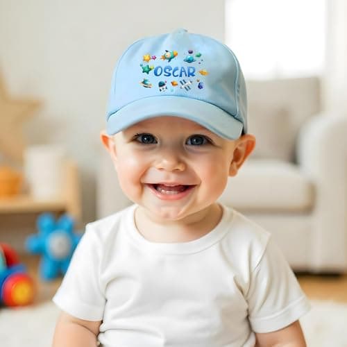 Purple Print House Personalised Kids Baseball Cap Outer Space Planets Custom Name Toddler Hat Holiday Boys Summer Travel Gift, One Size, Light Blue — view 2
