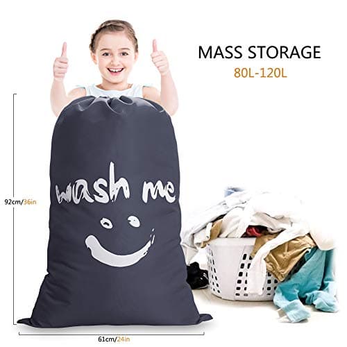 IHOMAGIC Set of 2 Large Foldable Laundry Bag Storage Bag with Nylon Rope 120 g Lightweight Portable Bag for Dirty Clothes 90 L in Bedrooms, Hotels, Dormitories, Travel, Blue+Grey Smile — view 2