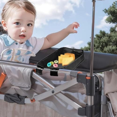 JEWEDECO Black Canvas Stroller and Lightweight Design Snack Tray with Adjustable Push Handle Universal Tray for Carriage, for Outdoor Walks and Travel — view 6