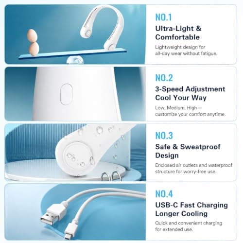 Neck Fan 230g Lightweight Bladeless USB Rechargeable 3 Speeds (White) — view 5
