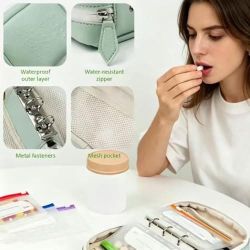 A8 Waterproof Pill Organizer Set with 14 Color-Pill Pouches,Reusable Waterproof Pi/ll Pouches,Large Weekly Travel M/edicine O/rganizer,Portable Zippered Travel Medicine O/rganizer for Fish Oils#Green — view 6