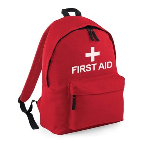 Workwear World Printed Graphic Medical Cross 'FIRST AID' Design Site, School, Workplace & Sports Club Travel Backpack Rucksack Kit Bag (Classic Red)
