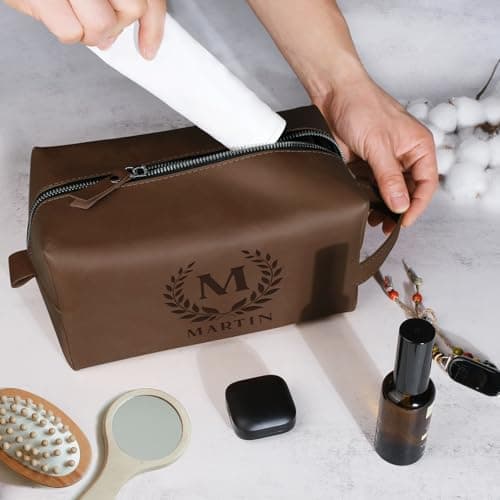 Personalised Leather Toiletry Bag for Men, Custom Wash Bag Engraved Name,Waterproof, Travel & Toiletry Use — view 5