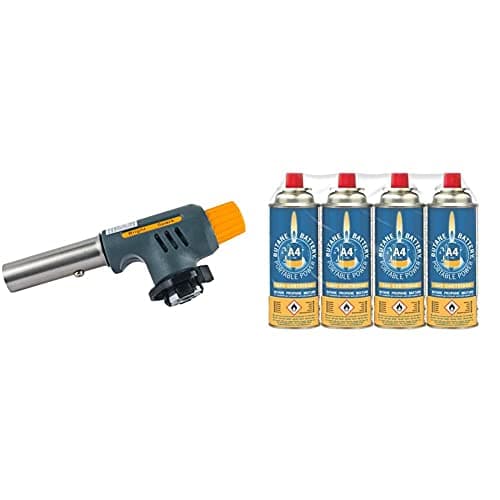 Bright Spark 1-Piece 12 x 4.5 x 6 cm Catering Blowtorch,Grey & Unisex Bs0136 A4 Butane Battery Gas Cartridge pack Of 4 , Multi-Colour, 220 g UK