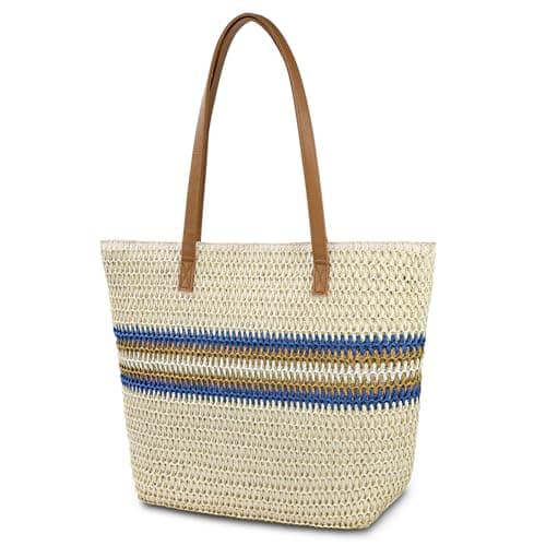 Aucuu Straw Shoulder Bag, Straw Bag for Women, Beach Bag, Large Zippered Handbag Tote Bag, Bohemian Summer Handheld Shoulder Bag for Outdoor Travel and Beach (Off White)