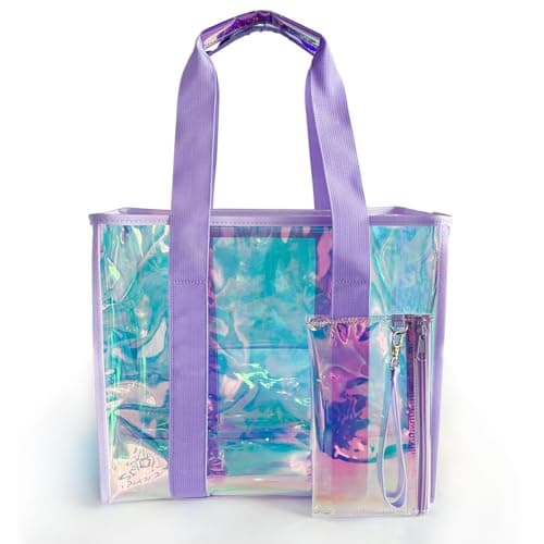TotePrint Holographic PVC Tote Bag 35x30x17cm, Waterproof Transparent Beach Bag with Zipper & Handle, Large Travel Storage Bag for Summer, Swimming Pool, Shopping (Purple)
