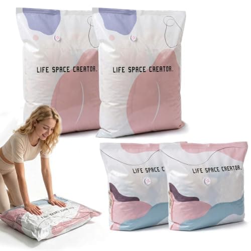 4 Pack No Pump Vacuum Storage Bags, 2 Large 80x100cm & 2 Medium 50x70cm Extra Thick Reusable Compression Space Saver Bags for Clothes Duvets Bedding Travel Wardrobe Storage